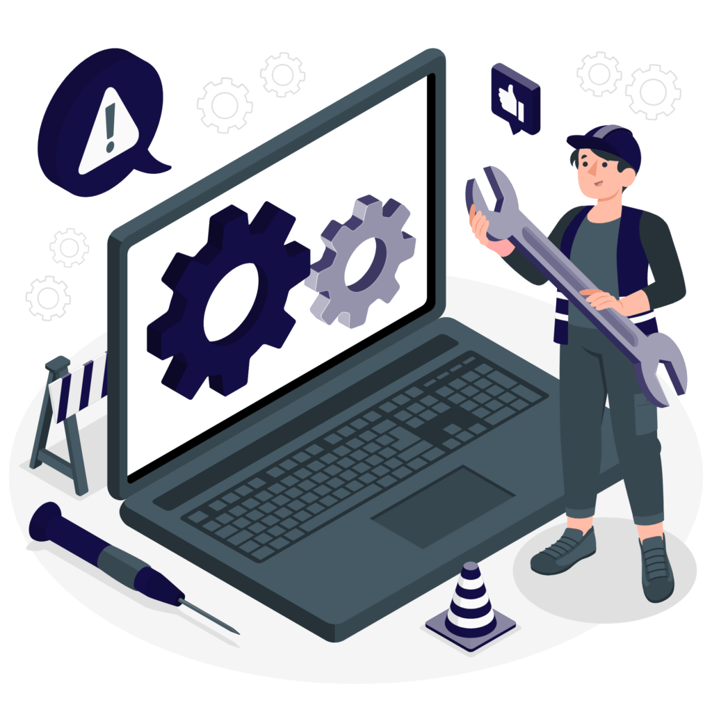 An illustration of a person holding a large wrench next to an open laptop displaying two gear icons on its screen. Surrounding the scene are tools, including a screwdriver, traffic cones, a warning sign, and a thumbs-up icon—perfectly capturing the essence of Managed Field Services.