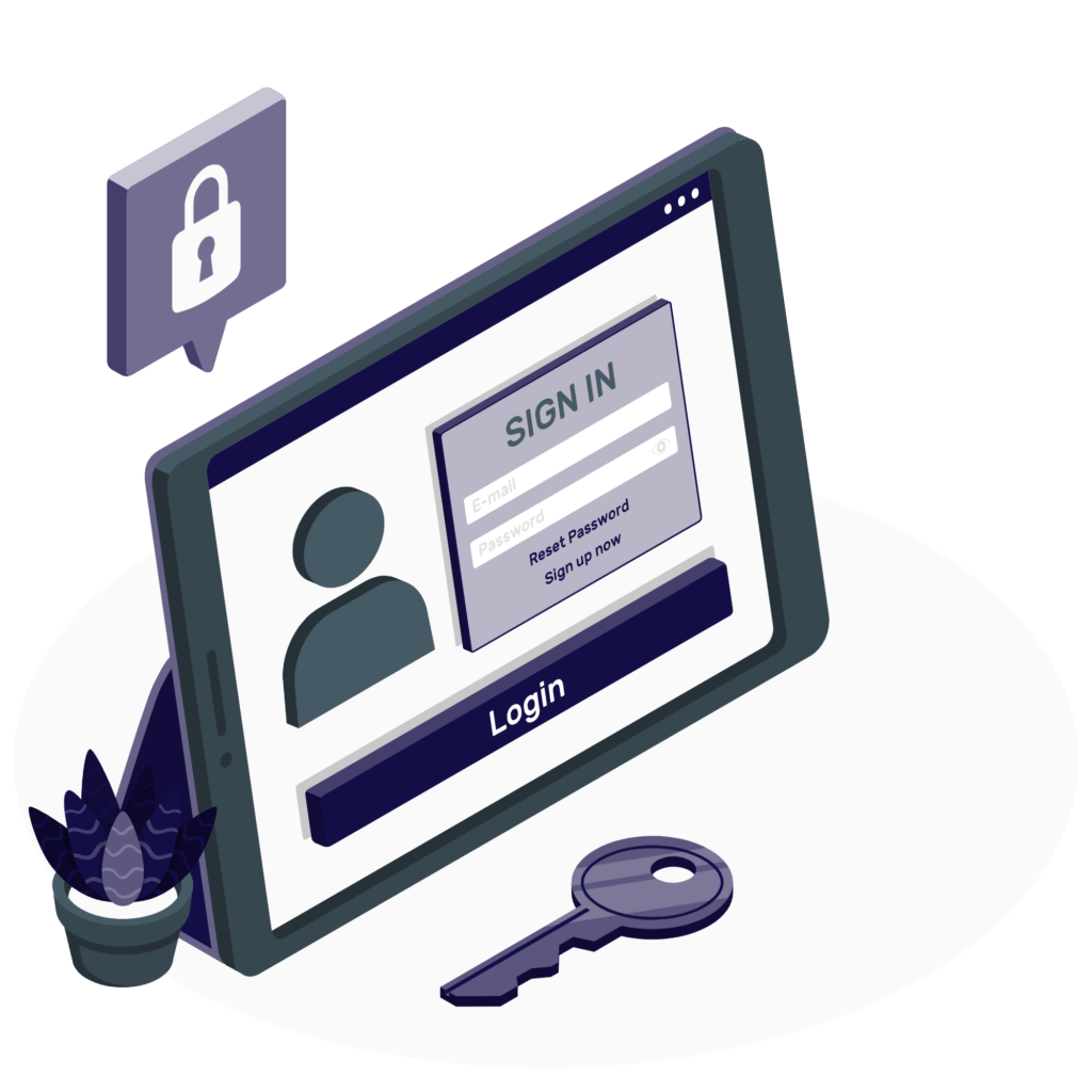 Isometric illustration of a tablet displaying a login screen, showcasing Access Management with fields for email and password. Buttons are available for logging in and resetting the password. Nearby are a key, a padlock icon, and a small potted plant.