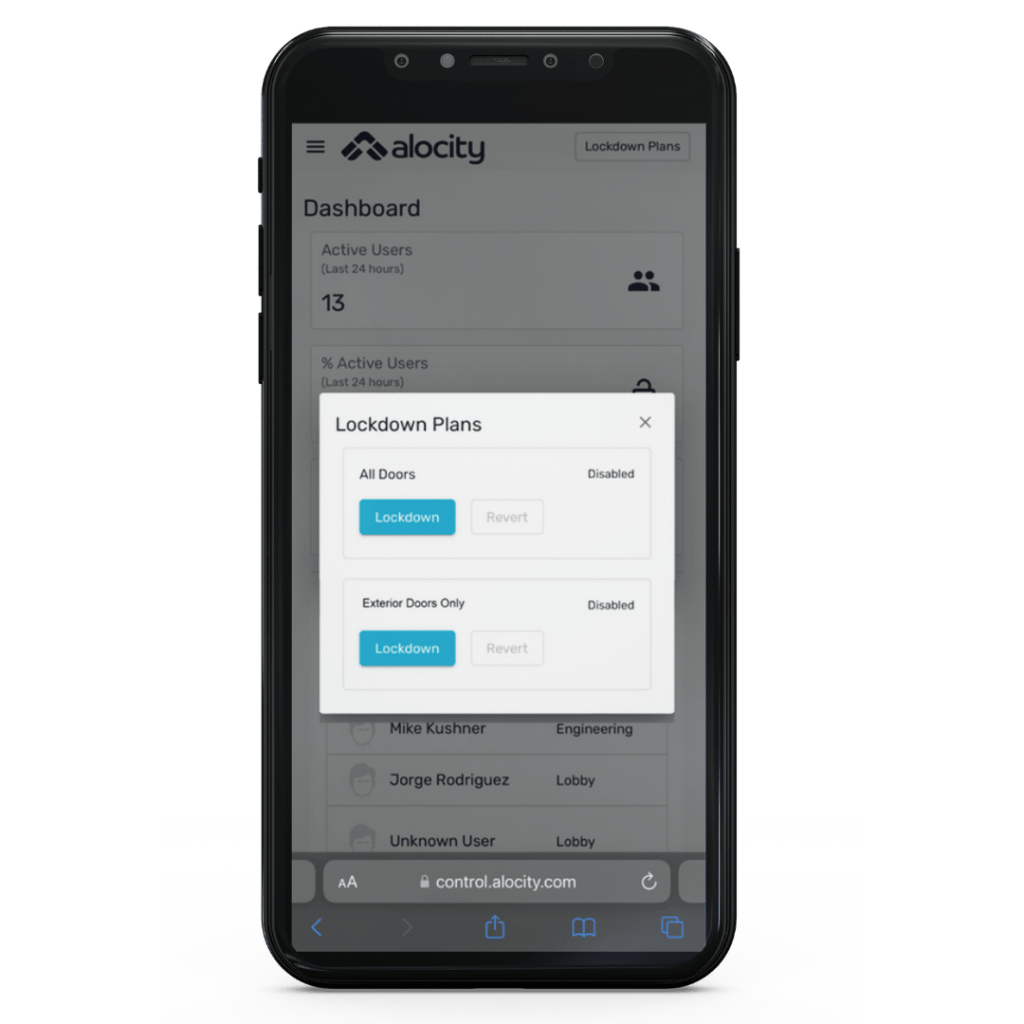 A smartphone displays a security app dashboard by Alocity, showcasing active users and a feature for lockdown plans with options to lock all doors or only exterior doors. The interface includes user activity, options for activating or reverting lockdowns, and robust Access Management controls.