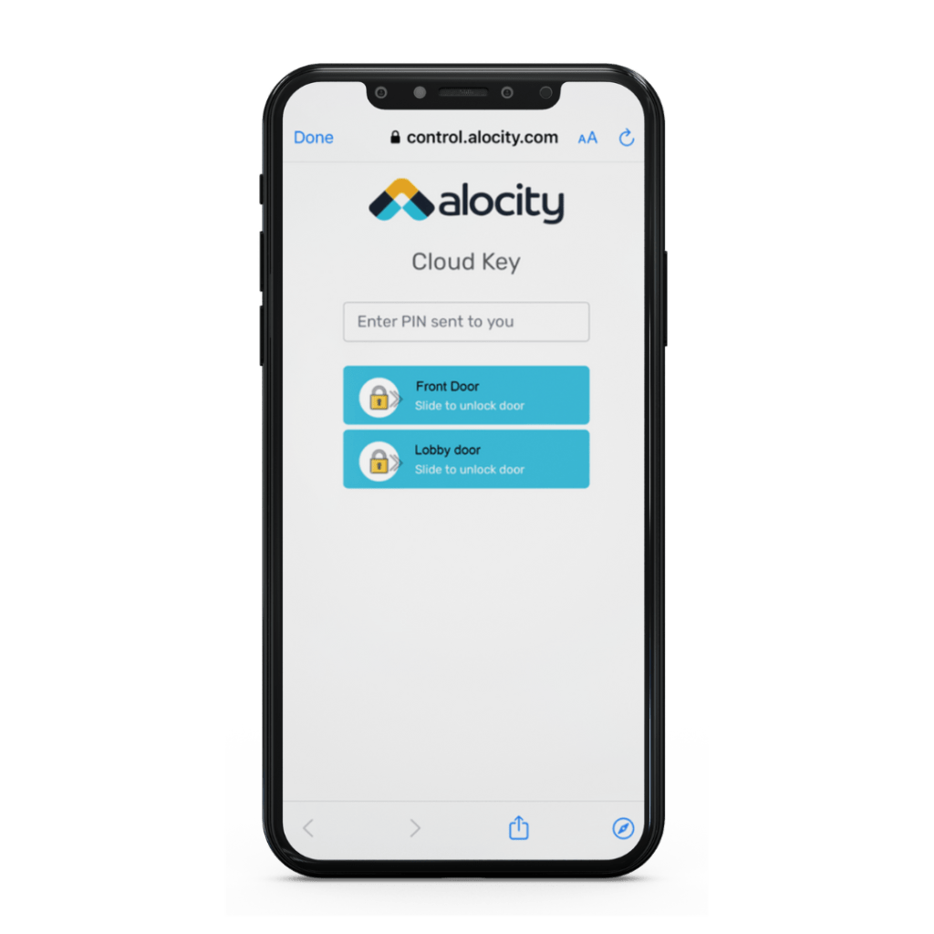 A smartphone display shows the "alocity Cloud Key" webpage for streamlined Access Management, featuring fields to enter a PIN. Two blue buttons below allow unlocking the "Front Door" and "Lobby Door" by sliding. The alocity logo is visible at the top of the screen.