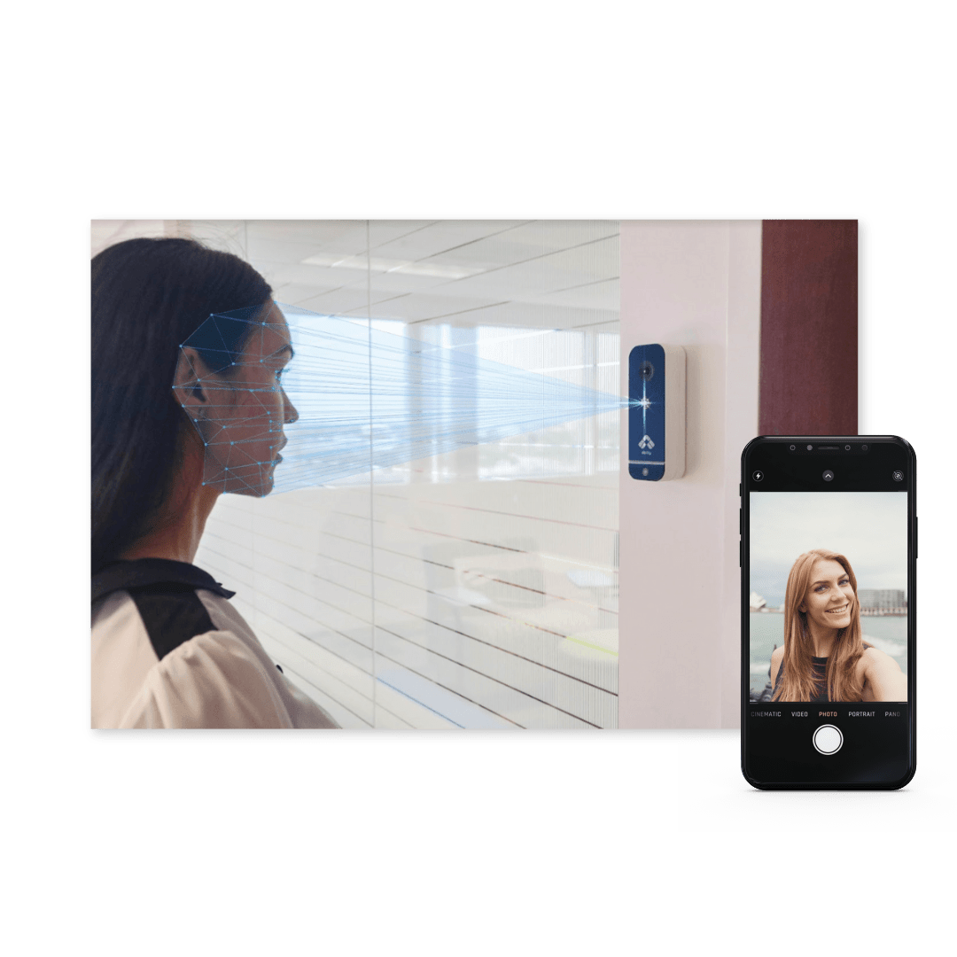 A person undergoes facial recognition scanning as part of access management. They stand in front of a mounted scanner, blue grid lines projected on their face. Additionally, a smartphone on the right displays a profile photo of a different individual.