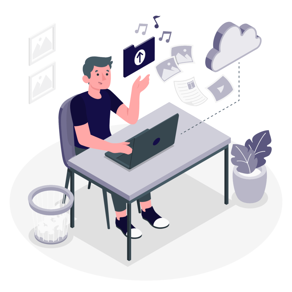 Illustration of a person sitting at a desk using a laptop with documents, music notes, and images floating from the laptop to a cloud icon. The room has framed pictures on the wall, a plant on the floor, and a trash bin beside the desk.