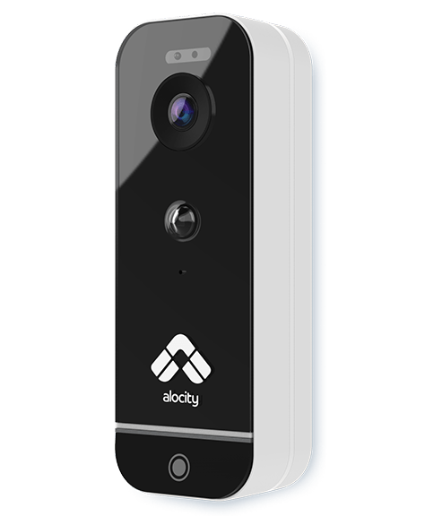 A sleek, modern video doorbell designed for superior access management, featuring a black front face and white sides. The device includes a camera lens at the top, a smaller button below it, and a speaker at the bottom. The logo "alocity" is prominently displayed near the bottom center of the front face.